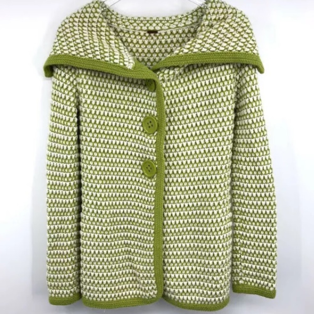 Free People Green and Cream Textured Knit Cardigan